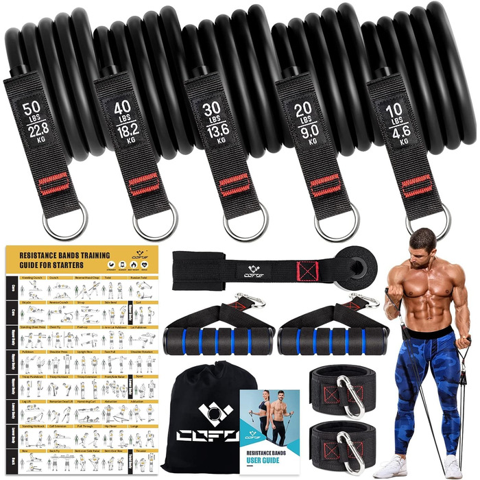 Набір еластичних стрічок для фітнесу, 5 шт. (150lbs), з ручками та кріпленням для дверей, для пілатесу та силових тренувань, чорний