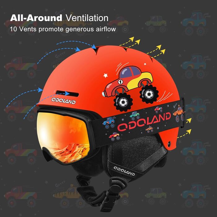 Дитячий гірськолижний шолом та маска Odoland, гірськолижний шолом для хлопчиків та дівчаток, регульований, помаранчевий (XS 49-53 см)