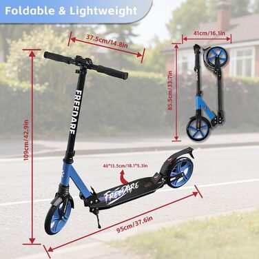 FREEDARE Cityroller: Скутер складний для дітей та дорослих, блакитний, 200 мм колеса, регульована висота, до 100 кг