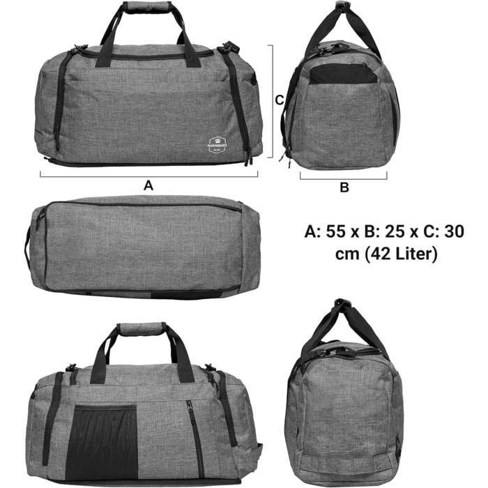 Спортивна сумка Bearformance Ultimate 50L з рюкзаком, відділенням для взуття та вологих речей, сіра, з переробленого PET, для тренажерного залу, подорожей, чоловіків і жінок