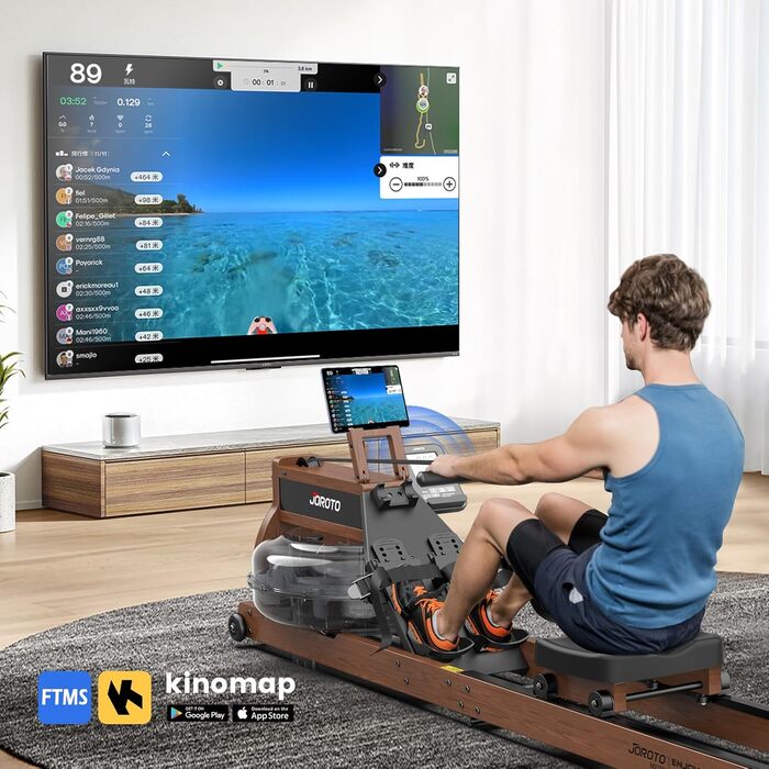 Гребний тренажер JOROTO MR380/MR390 для дому: складаний, з дуба, 28л бак, Bluetooth монітор, 158кг, з підставкою для телефону/планшету