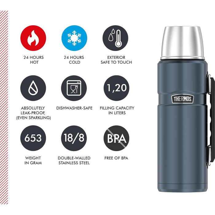 Термос STAINLESS KING Ice Grey 1.2 л з нержавіючої сталі, з чашкою та ручкою, 24 години гарячий/холодний, BPA-free