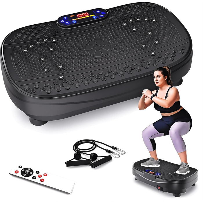 Вібраційна платформа для дому - тренажер для схуднення та формування тіла з 120 рівнів та 5 режимів, з еластичними стрічками та пультом дистанційного керування, для спалювання жиру та нарощування м'язів, ідеально для дому та домашнього спортзалу (Чорний)