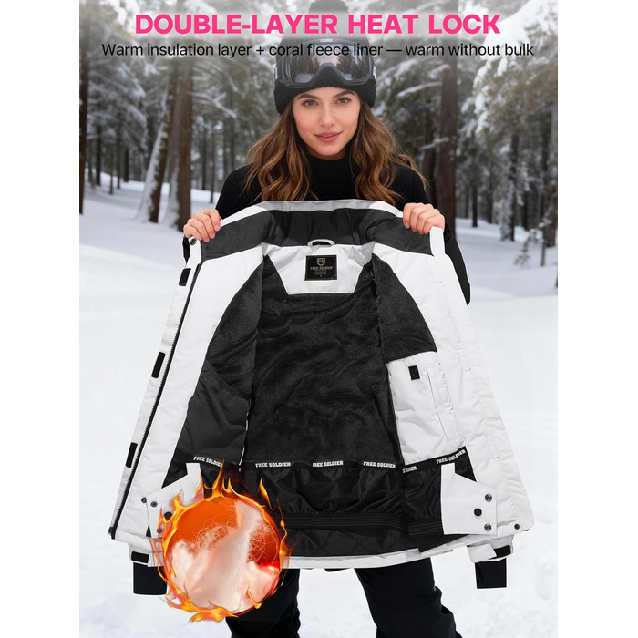 Жіноча водонепроникна куртка для сноубордингу та лижного спорту FREE SOLDIER з флісовою підкладкою, тепла зимова куртка з капюшоном, повністю проклеєні шви (XXL, Білий/Ошатний сад)