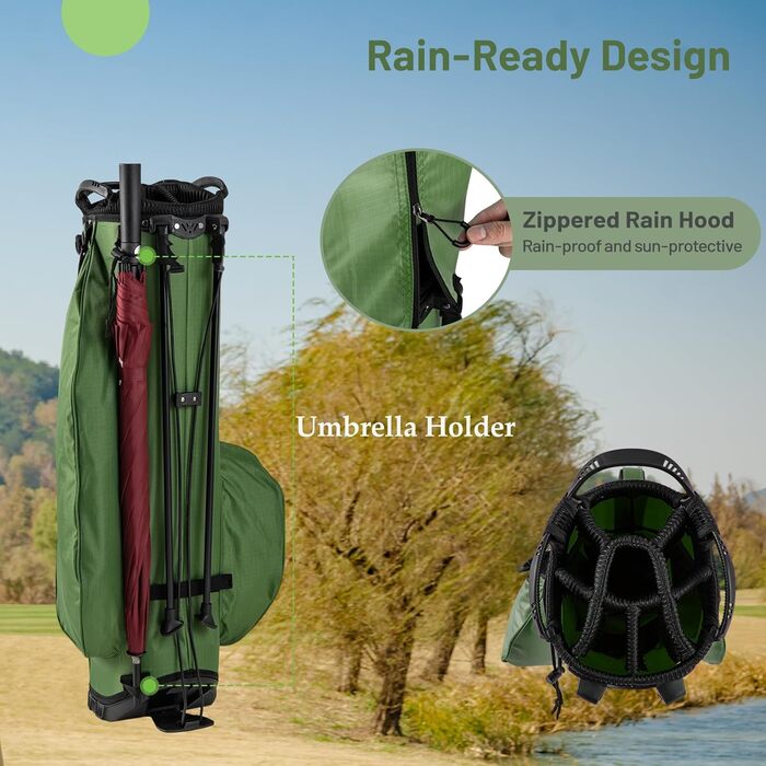 LIFEZEAL Гольф сумка: легка, з 8 верхніми відділеннями, 5 кишенями на блискавці, тримач для парасольки, водонепроникний захист та регульований плечовий ремінь для жінок та чоловіків (Зелена)