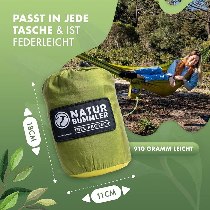 Гамак NATURBUMMLER® Outdoor з захистом для дерев [Tree Protec+] – 300x170 см, для 1-2 осіб – ультралегкий та вологостійкий – двошаровий гамак для кемпінгу, саду та відпочинку на природі (природний зелений колір)