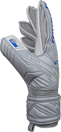 Воротарські рукавички Reusch Attrakt Finger Support для дорослих, з зовнішнім швом і захистом пальців, універсальні для всіх типів футбольних полів, сірі-блакитні-жовті, розмір 10