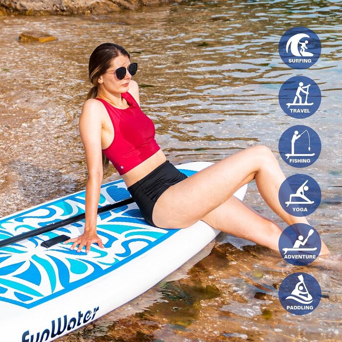 Надувний SUP-борд FunWater 10'6' та 11'6' з аксесуарами: весло, насос, рюкзак, плавники. Підходить для всіх рівнів підготовки. Рожевий та блакитний кольори.