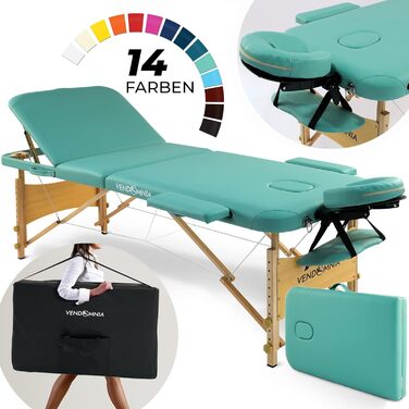 Масажний стіл VENDOMNIA з дерев'яними ніжками, 3 зони, регульована висота, включає подушку для голови, сумку, підлокітники, складаний, кольори в наявності