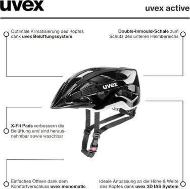 Шолом uvex active: захисний універсальний шолом для жінок та чоловіків, регульований розмір, розширюваний світлодіодним ліхтарем (чорний/білий, 52-57 см, Single)