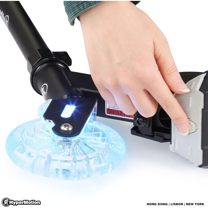Дитячий самокат HyperMotion Ice Flash для дітей від 5 років, двоколісний, складний, з LED-підсвіткою, чорний/синій, навантаження до 50 кг, гумові колеса 125 мм, регульований кермо, гальмо Flex-Fender