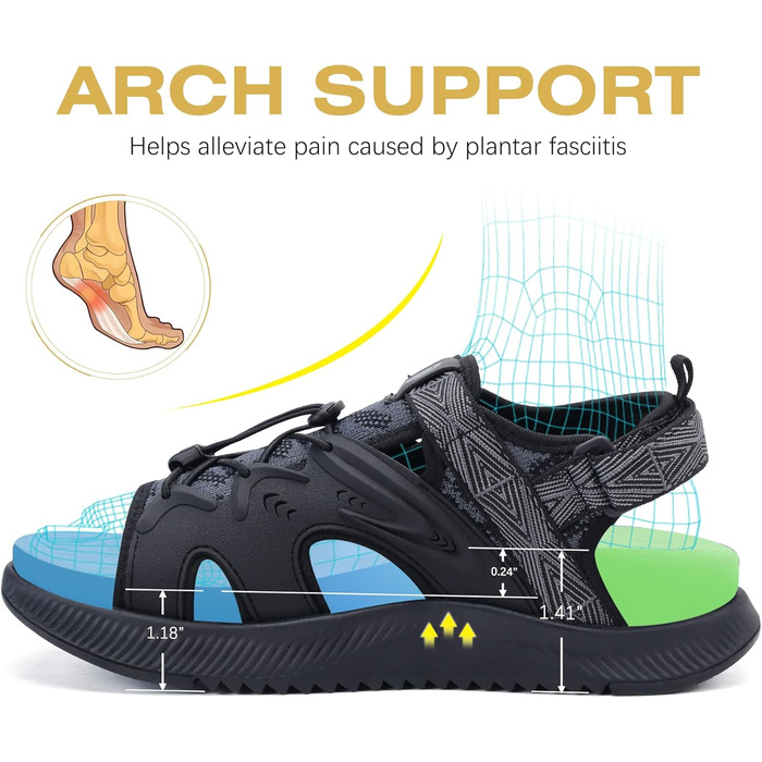 ONCAI Легкі сандалі для жінок, спортивні трекінгові сандалі з підтримкою стопи, ортопедичні для активного відпочинку, підходять при п'ятковому фасціїт, регульовані ремінці, розміри 36-43, чорний