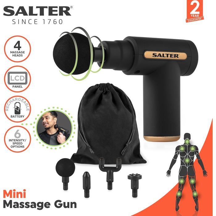 Масажний пістолет Salter EE7427BLKSTKEU7, 4 насадки, LCD, 6 режимів, акумуляторний, глибокий масаж, USB, чорний