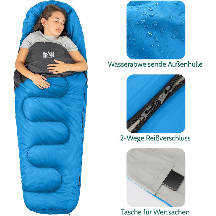 Дитячий спальник Trail Mumienschlafsack для кемпінгу 3 сезони, блакитний, 300 г/м² - з транспортним рюкзаком для хлопчиків та дівчаток