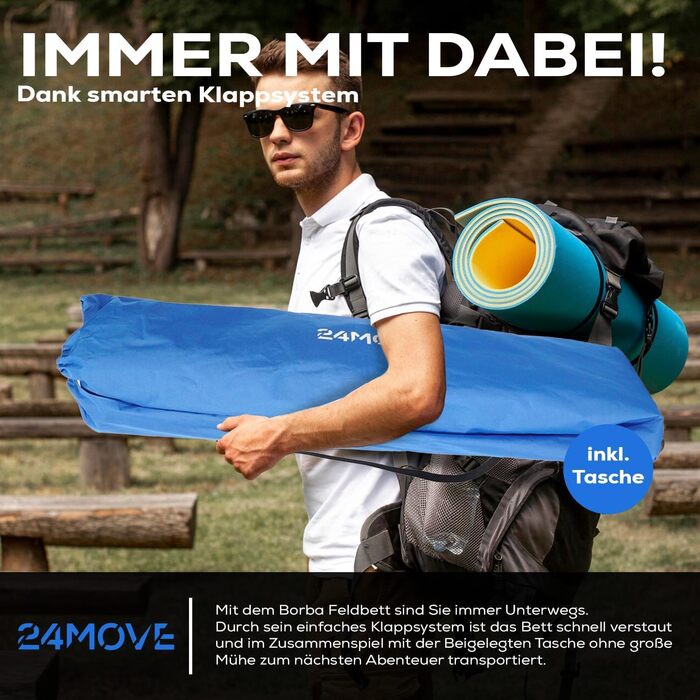 Розкладне ліжко 24MOVE® для кемпінгу та відпочинку на природі, 190 x 67 x 34 см, до 150 кг, з сумкою, блакитне