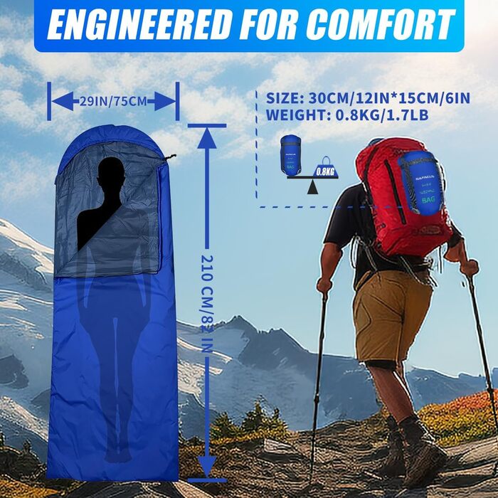 Спальний мішок для кемпінгу – 3 сезони, теплий та холодний клімат, легкий, простий у використанні, з компресійним мішком для дорослих та дітей, для подорожей на природі (Темно-синій)