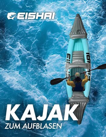 Надувний каяк EISHAI Flow для 2 осіб, міцний ПВХ, з двома веслами, насосом, ремкомплектом і інструкцією, для озер і річок, синій