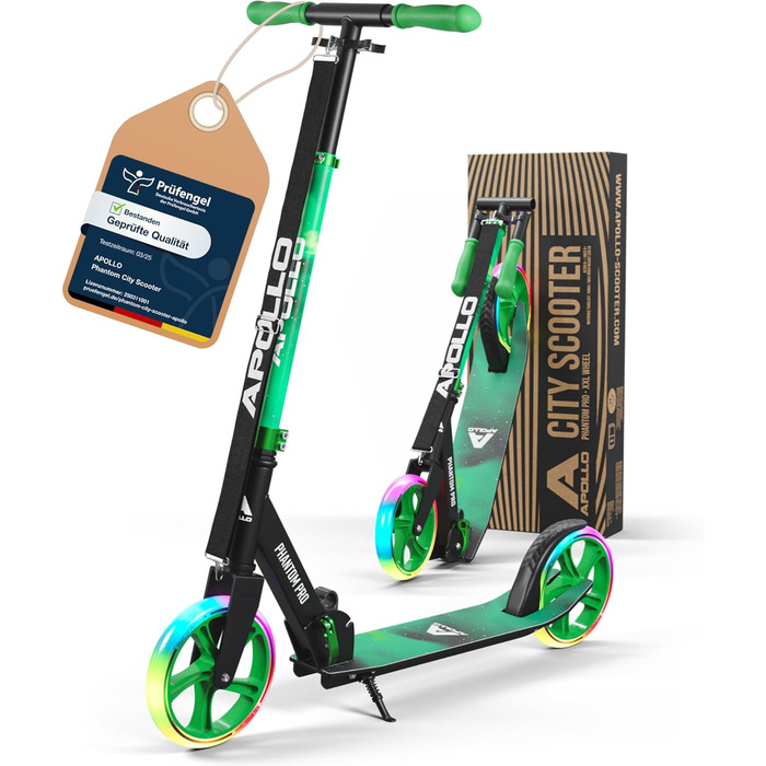 Скутер Apollo Phantom Pro City з LED-підсвіткою - розкладний, регульований по висоті, для дорослих, дітей та підлітків