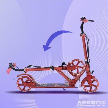 Самокат Arebos з LED, складаний, висота регулюється, з ручним і ножним гальмом, для дітей і дорослих, до 100 кг, з ременем для перенесення