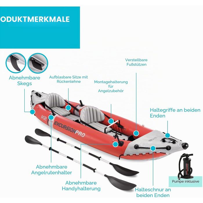 Надувний двомісний каяк INTEX Excursion Pro з веслом 218 см та насосом, SuperTough PVC, з тримачами для вудок та регульованими сидіннями