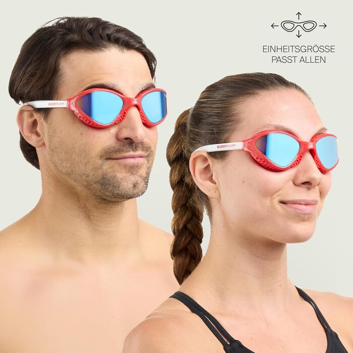 Окуляри для плавання OzeanX чоловічі/жіночі з UV400 захистом, антизапітні, з панорамними лінзами XVISION. Гідродинамічні, дзеркальні (червоно-білі/сині)