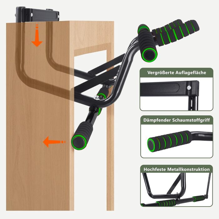 Турнік для дверей Klimmzugstange: турнік для підтягувань без свердління, з м'якими ручками, зелений