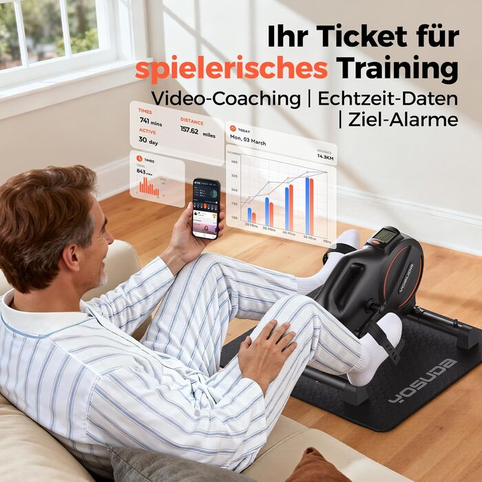 YOSUDA Pedaltrainer PRO: тренажер для ніг та рук для дому з регулюванням опору, 16 рівнів, нековзна поверхня