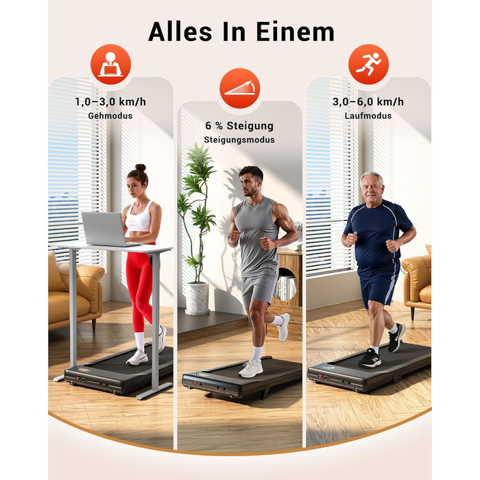 Walking Pad Superun з нахилом 6% – біговий доріжка для дому, максимальна швидкість 12 км/год, з додатком та пультом дистанційного керування. Робочий стіл, максимальне навантаження 136 кг, 90 см, колір Чорний.