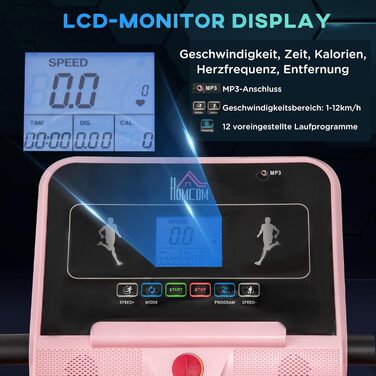 Електрична бігова доріжка HOMCOM 400 Вт, 1-12 км/год, 1,5 HP, LCD-дисплей, тримач для телефону, для дому, фітнесу, рожева, 134x60x118 см