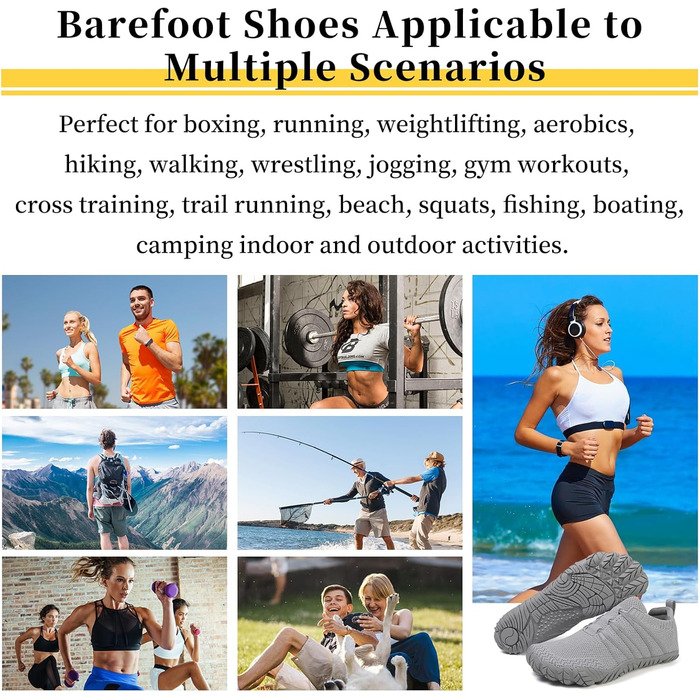 Босими кросівки для жінок та чоловіків: широкі, легкі, дихаючі, з нульовим перепадом, для трейлу та бігу по асфальту. Unisex, розміри 36-46 EU (39 EU, сірий)