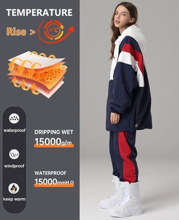 Комбінезон для сноуборду та лижного спорту HOUZONIY: теплий зимовий комбінезон з капюшоном та блискавкою для чоловіків та жінок. Модель T63+Roa (L, T63+Blau)