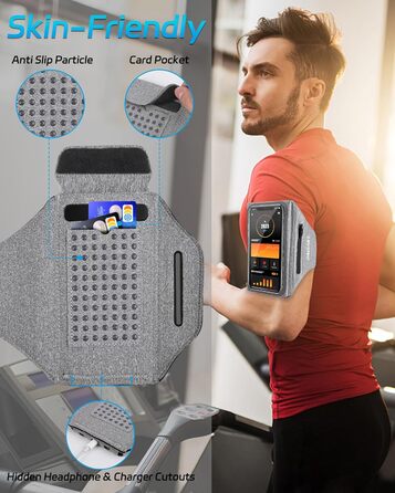 Спортивний браслет для телефону: підставка для бігу, кишенька для навушників, сумісний з iPhone 17/16/15/14/13 Pro Max, Galaxy S25/S24/S23 Ultra (до 6.9 дюймів, світло-сірий)