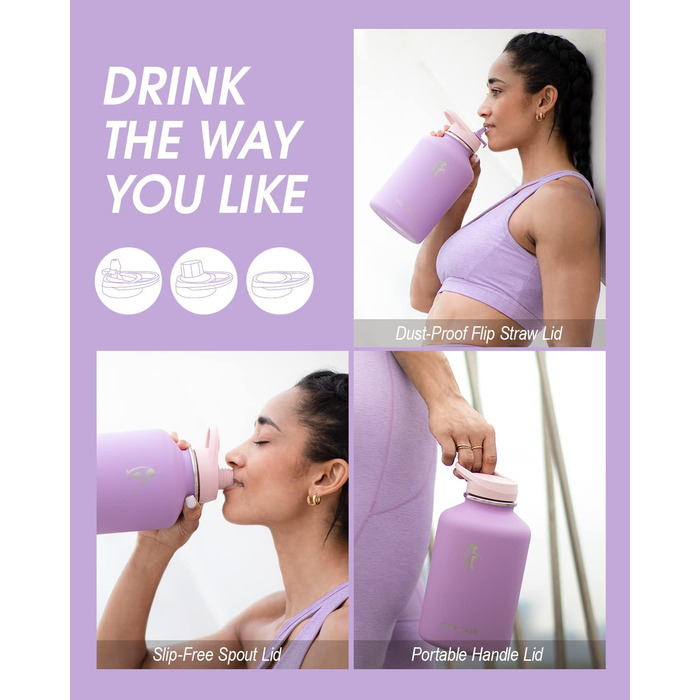 Пляшка для води Coolflask 2 л з нержавіючої сталі з PU-чохлом, з трубочкою, термобутилка для напоїв, зберігає холод 48 годин, тепло 24 години, фіолетова