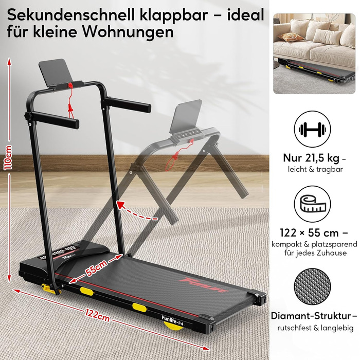Біговий тренажер FunLife F4 (оновлення 2025) – 4-в-1, складний, з кутом нахилу 7%, керування через додаток, тихий, з двома ручками та страхувальним тросом, 1-12 км/год, для дому, для людей похилого віку, червоний