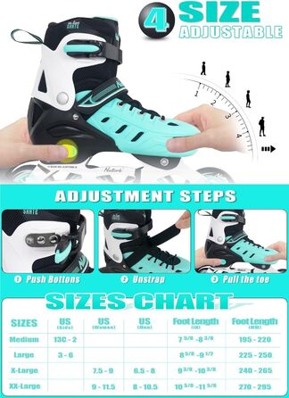 Роликові ковзани Nattork для дітей та дорослих, 4 розміри, регульовані, турквіс, X-Large (EU 37-40/240-260)