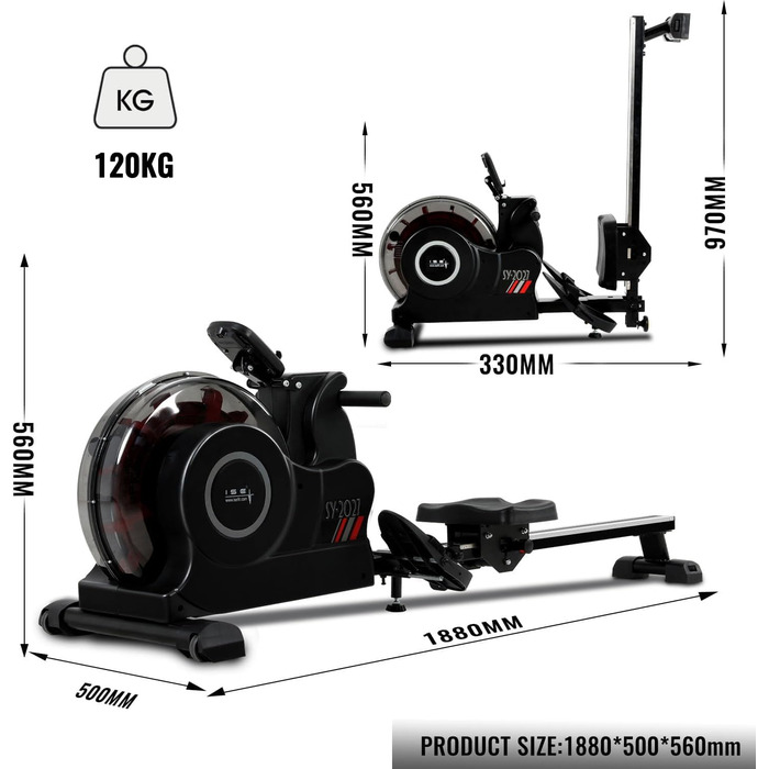Гребний тренажер ISE для дому, складаний з 6 рівнями водної опору, LCD-дисплеєм, підтримкою APP та тримачем для планшета, з електричною водяною помпою