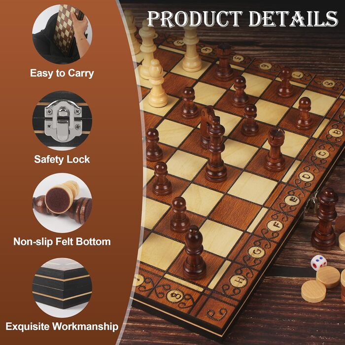 Набір для гри в шахи 3-в-1, дерев'яний, магнітний, 34 x 34 см. Шахи для дітей, для ігор, сімейних вечірок