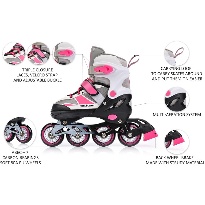 Дитячі ролики Meteor Rox з регулюванням, рожево-сірі. ABEC-7 підшипники, PU колеса 72мм, рама з алюмінію. Розміри S30-33, M34-37, L38-41