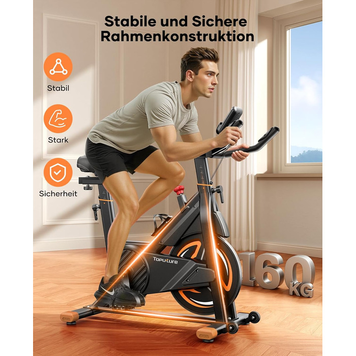 Велотренажер Neu Toputure з вимірюванням пульсу, 15 кг маховик, магнітний опір, до 160 кг, тримач для планшета, тримач для напоїв, помаранчевий
