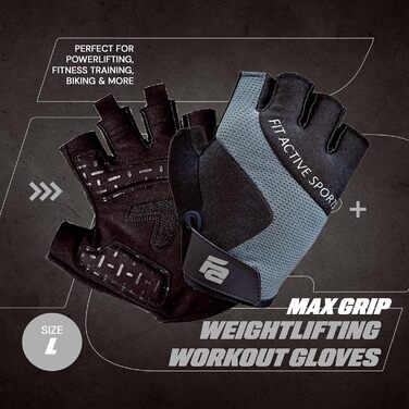 Рукавички для важкої атлетики Fit Active Sports Max Grip (чоловічі/жіночі, сірі, L) - для тренажерного залу, фітнесу, велоспорту, з антиковзким покриттям