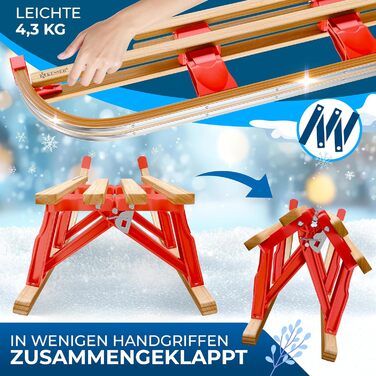 Дерев'яний санчата KESSER® Premium з буку, складні, з тяговим тросом та металевими чіпами, без спинки, червоні