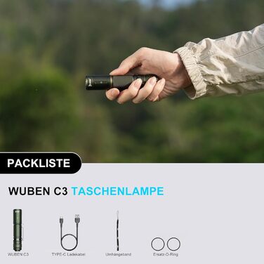 Ліхтарик WUBEN C3 LED: 1200 Люмен, USB-C, IP68, 6 режимів, тактичний, для кемпінгу та надзвичайних ситуацій (зелений)