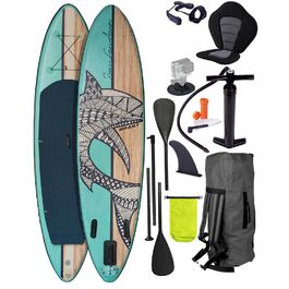 Надувний SUP-борд BRST Shark | Комплект для станд-ап паділбордингу | 320x81x15 см | 8 дизайнів | 5 років гарантії | з аксесуарами | 2-в-1: SUP та каяк, крісло, кріплення для Action-Cam, фіксатор для ноги, насос, рюкзак | Натуральний колір