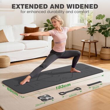 Килимок для йоги Soontrans 183x68 см, 8 мм, TPE з опорами, наколінниками та еспандером. Чорний