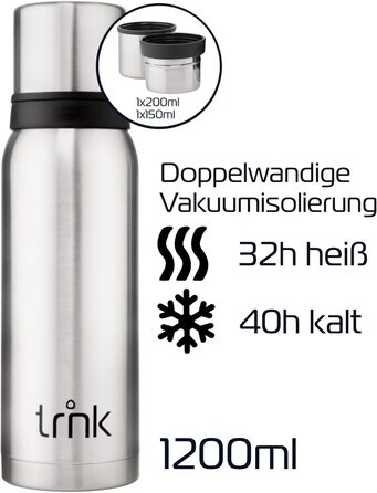 Термос trnk Outdoor Arktis 2, нержавіюча сталь, 1200 мл, BPA-free, 32 год гарячий, кришка з 2 чашками, для походів, можна мити в посудомийці