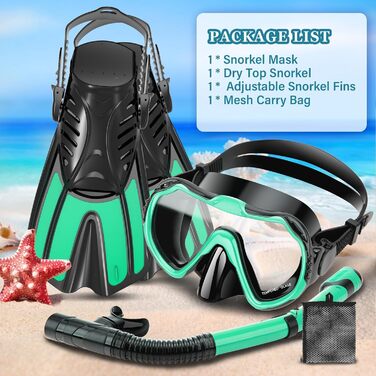 Набір для снорклінгу для дорослих 4 в 1: маска, ласти, трубка, сумка. Панорамний огляд, антизапітніння, dry top трубка, трекінгові ласти. Колір: блакитний, розмір: L-XXL