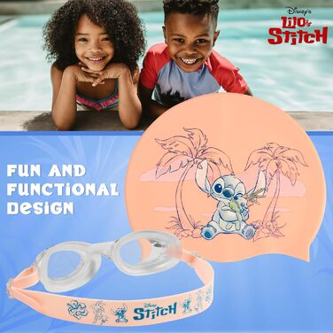 Дитячий набір для плавання Disney Stitch: шапочка та окуляри, захист від UV, антизапіт, 6-14 років, персиковий колір