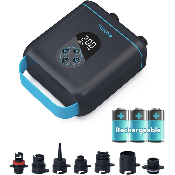 Електричний насос для SUP, каяк, човен: TOPUMP 20PSI TPS260, акумулятор, авто-вимкнення, накачування/здування, Type-C, блакитний