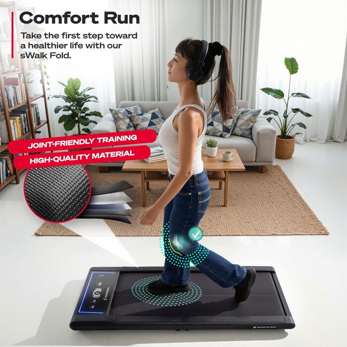 Sportstech sWalk Fold: Компактний складаний біговий тренажер для дому з LED-дисплеєм, керуванням через додаток, до 6 км/год, з роликами для транспортування, тихий, для дому та офісу, до 120 кг (Сірий)