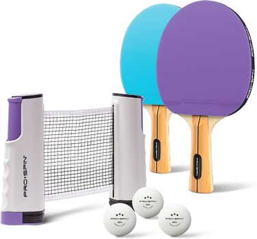 Набір для настільного тенісу PRO-SPIN - з сіткою, м'ячами, сумкою | Для гри 2 гравців | Преміум якість | Фіолетовий/Блакитний
